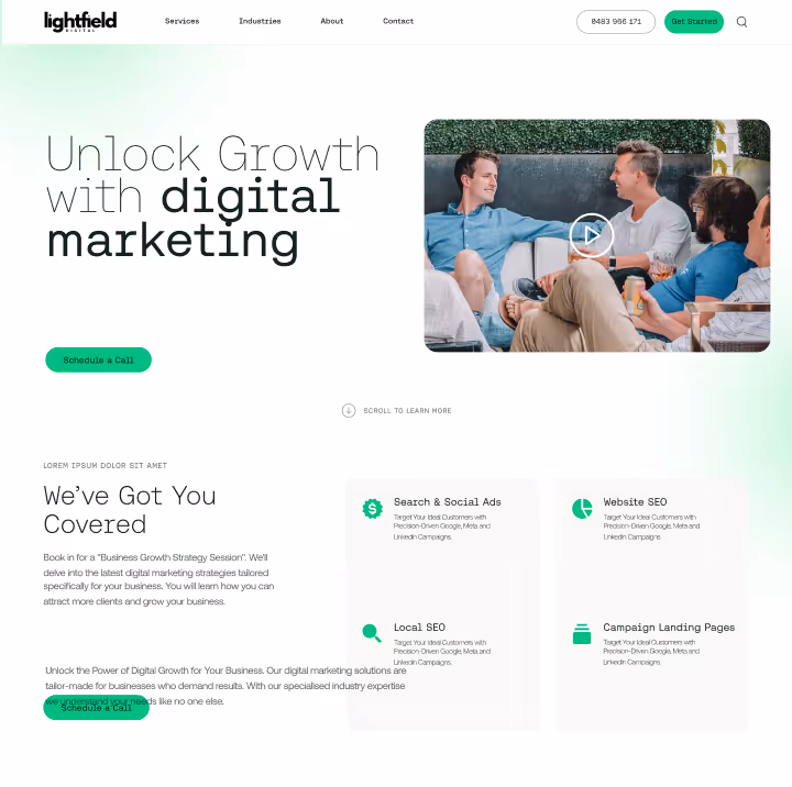 Lightfield website homepage with header menu, headline 'Unlock Growth with digital marketing,' a video thumbnail showing people talking, and sections highlighting Search & Social Ads, Website SEO, Local SEO, and Campaign Landing Pages services.