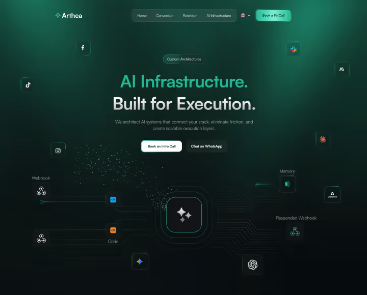 Dark-themed webpage with text 'AI Infrastructure. Built for Execution.' and icons for social media, webhooks, and apps around a central logo.