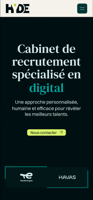 HYDE recruitment agency homepage showing slogan in French specializing in digital, with a contact button and logos of TotalEnergies and HAVAS.