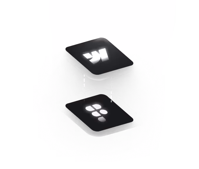Two floating black squares connected by dotted lines, each with a white stylized logo resembling a 'K' on the top square and a group of dots on the bottom square.