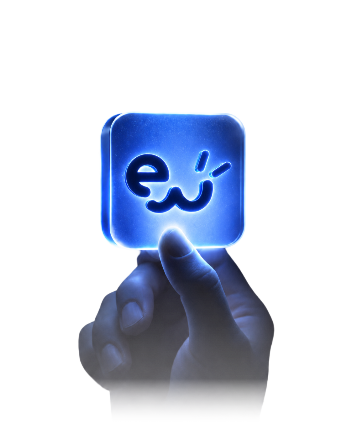 Fingertip pressing a glowing blue EveryOnWeb logo button.